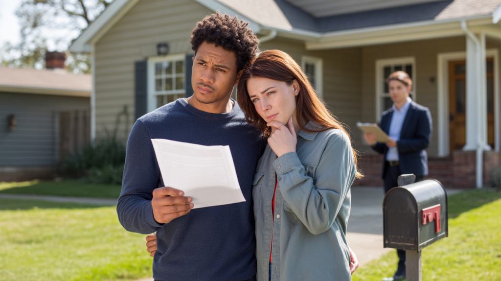 un couple réaliste devant une maison, semblant réfléchir à leur achat immobilier, dans une scène naturelle et authentique