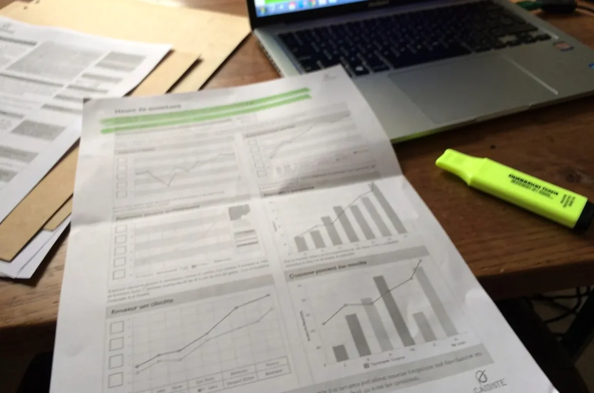 Le Bilan Aides & Budget imprimé : six pages, cases cochées, traits de surligneur